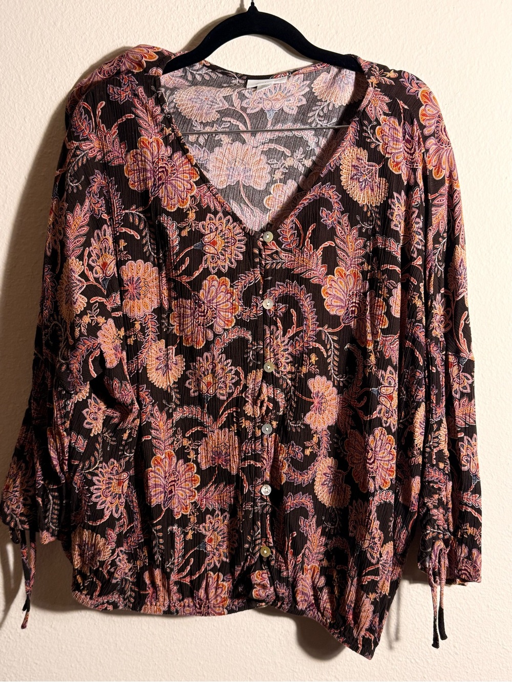 J. Jill Brown Floral Button-Front V-Neck Blouse Petite Large